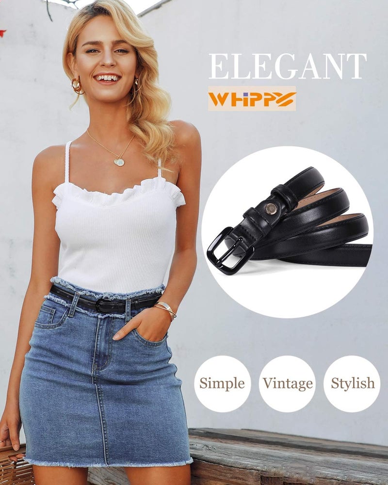 WHIPPY Women Skinny Leather Belt Thin Waist Jeans Belt for Pants in Pin Buckle Belt, Black/Beige, Suit Pants 30-35 Inches - Image 3